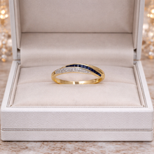 18K Yellow Gold Crossover Band Ring | Natural Sapphire & Diamond | Channel-Set Baguette Crisscross Design - Ring
