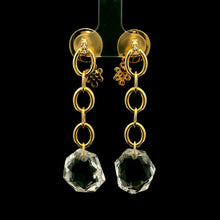 18K Yellow Gold Drop Earrings | Natural Diamond & White Quartz | Chain Link Decorative Knot Motif Charm Jewelry