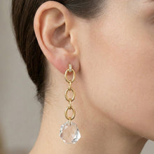 18K Yellow Gold Drop Earrings | Natural Diamond & White Quartz | Chain Link Decorative Knot Motif Charm Jewelry