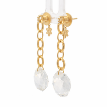 18K Yellow Gold Drop Earrings | Natural Diamond & White Quartz | Chain Link Decorative Knot Motif Charm Jewelry