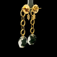 18K Yellow Gold Drop Earrings | Natural Diamond & White Quartz | Chain Link Decorative Knot Motif Charm Jewelry