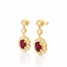 18K Yellow Gold Drop Statement Earrings | Natural Ruby & Diamond Floral Halo | Vintage Jewelry - Earrings