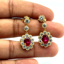 18K Yellow Gold Drop Statement Earrings | Natural Ruby & Diamond Floral Halo | Vintage Jewelry - Earrings
