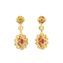 18K Yellow Gold Drop Statement Earrings | Natural Ruby & Diamond Floral Halo | Vintage Jewelry - Earrings