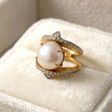 18K Yellow Gold Mabe Pearl and Natural Diamond Cocktail Ring | Bold Sculptural Crossover Statement Jewelry - Ring