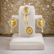 18K Yellow Gold Natural Diamond & Citrine Pendant and Earrings Set | Oval Halo Statement Fine Jewelry - Pendant Earring