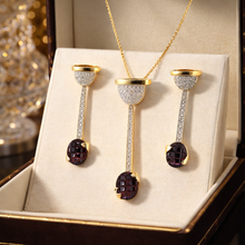 18K Yellow Gold Natural Diamond & Garnet Pendant & Earrings Set | Semi-Circular Pavé Top | Modern Jewelry - Pendant