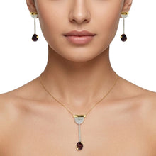 18K Yellow Gold Natural Diamond & Garnet Pendant & Earrings Set | Semi-Circular Pavé Top | Modern Jewelry - Pendant