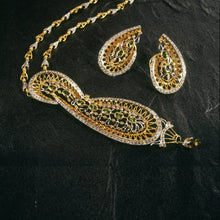 18K Yellow Gold Natural Diamond & Green Tourmaline Necklace & Earrings Set | Paisley Pavé Halo Design - Necklace