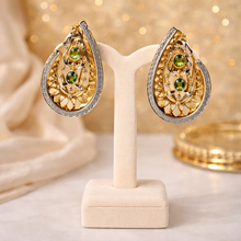 18K Yellow Gold Natural Diamond & Green Tourmaline Necklace & Earrings Set | Paisley Pavé Halo Design - Necklace
