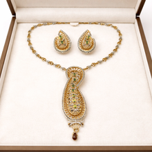 18K Yellow Gold Natural Diamond & Green Tourmaline Necklace & Earrings Set | Paisley Pavé Halo Design - Necklace