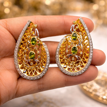 18K Yellow Gold Natural Diamond & Green Tourmaline Necklace & Earrings Set | Paisley Pavé Halo Design - Necklace