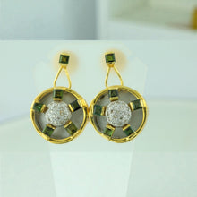 18K Yellow Gold Pendant Earring with Diamond & Green Tourmaline Natural Gemstones Hoop Wheel Style Jewellery Set