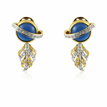 18K Yellow Gold | Natural Diamond & Lapis Lazuli Pendant & Earrings Set | Blue Cabochon Statement Jewelry - Pendant