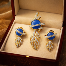 18K Yellow Gold | Natural Diamond & Lapis Lazuli Pendant & Earrings Set | Blue Cabochon Statement Jewelry - Pendant