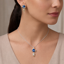 18K Yellow Gold | Natural Diamond & Lapis Lazuli Pendant & Earrings Set | Blue Cabochon Statement Jewelry - Pendant