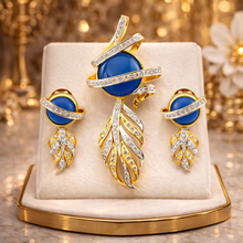 18K Yellow Gold | Natural Diamond & Lapis Lazuli Pendant & Earrings Set | Blue Cabochon Statement Jewelry - Pendant