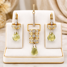 18K Yellow Gold | Natural Diamond & Lemon Quartz Slider Drop Pendant & Earrings Set | Contemporary Pavé Panel - Pendant