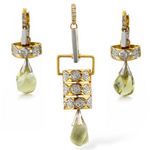 18K Yellow Gold | Natural Diamond & Lemon Quartz Slider Drop Pendant & Earrings Set | Contemporary Pavé Panel - Pendant