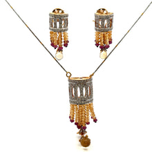 18K Yellow Gold Natural Diamond & Mix Gemstone Tassel Necklace & Earrings Set | Chandelier Jewelry - Necklace Earring