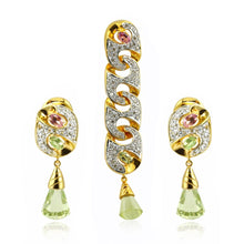 18K Yellow Gold | Natural Diamond & Mixed Semiprecious Gemstone Link Motif Pendant & Drop Earrings Set - Pendant