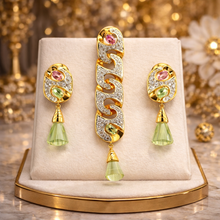 18K Yellow Gold | Natural Diamond & Mixed Semiprecious Gemstone Link Motif Pendant & Drop Earrings Set - Pendant