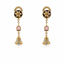 18K Yellow Gold | Natural Diamond & Multi Tourmaline Linear Drop Pendant & Earrings Set | Circular Pavé Link Detail