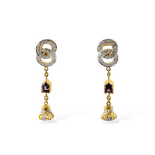 18K Yellow Gold | Natural Diamond & Multi Tourmaline Linear Drop Pendant & Earrings Set | Circular Pavé Link Detail