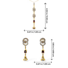 18K Yellow Gold | Natural Diamond & Multi Tourmaline Linear Drop Pendant & Earrings Set | Circular Pavé Link Detail