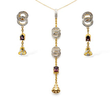 18K Yellow Gold | Natural Diamond & Multi Tourmaline Linear Drop Pendant & Earrings Set | Circular Pavé Link Detail