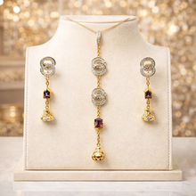 18K Yellow Gold | Natural Diamond & Multi Tourmaline Linear Drop Pendant & Earrings Set | Circular Pavé Link Detail