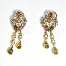 18K Yellow Gold Pendant Earring with Diamond & Multi Tourmaline Natural Gemstone Tassel Elegant Jewellery Set - Pendant