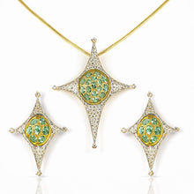 18K Yellow Gold Natural Diamond & Paraiba Tourmaline Starburst Pendant & Earrings Set | Compass Motif Jewelry - Pendant