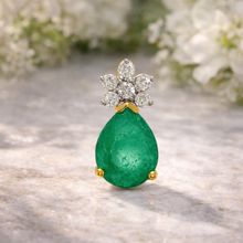 18K Yellow Gold Natural Diamond & Pear-Shaped Emerald Drop Pendant | Classic Cluster May Birthstone Jewelry - Pendant