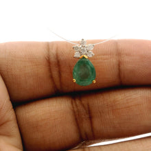 18K Yellow Gold Natural Diamond & Pear-Shaped Emerald Drop Pendant | Classic Cluster May Birthstone Jewelry - Pendant