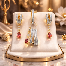 18K Yellow Gold Natural Diamond & Pink Tourmaline Pendant & Earrings Set | Geometric Linear Bar Jewelry - Pendant