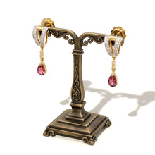18K Yellow Gold Natural Diamond & Pink Tourmaline Pendant & Earrings Set | Geometric Linear Bar Jewelry - Pendant