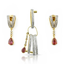 18K Yellow Gold Natural Diamond & Pink Tourmaline Pendant & Earrings Set | Geometric Linear Bar Jewelry - Pendant
