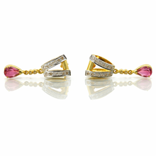 18K Yellow Gold Natural Diamond & Pink Tourmaline Pendant & Earrings Set | Geometric Linear Bar Jewelry - Pendant
