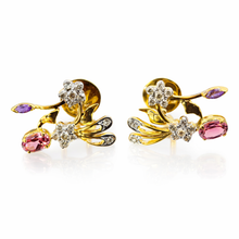 18K Yellow Gold | Natural Diamond Rhodolite & Amethyst Floral Branch Pendant & Earrings Set - Pendant Earring Set