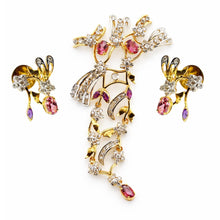 18K Yellow Gold | Natural Diamond Rhodolite & Amethyst Floral Branch Pendant & Earrings Set - Pendant Earring Set