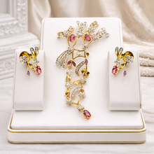 18K Yellow Gold | Natural Diamond Rhodolite & Amethyst Floral Branch Pendant & Earrings Set - Pendant Earring Set