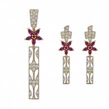 18K Yellow Gold Pendant Earring with Natural Diamond & Rhodolite Jewellery Set - Pendant Earring Set