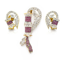 18K Yellow Gold | Natural Diamond & Ruby Feather Pendant & Earrings Set | Pavé Cluster Silhouette - Pendant Earring Set