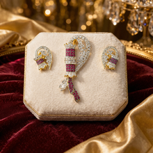18K Yellow Gold | Natural Diamond & Ruby Feather Pendant & Earrings Set | Pavé Cluster Silhouette - Pendant Earring Set