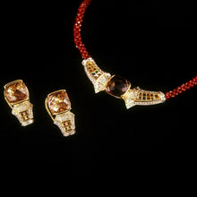 18K Yellow Gold | Natural Diamond Sapphire Ametrine & Garnet Necklace & Earrings Set | Geometric Cluster Jewelry