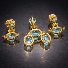 18K Yellow Gold | Natural Diamond & Swiss Blue Topaz Pendant & Earrings Set | Halo Statement Fine Jewelry - Pendant