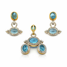 18K Yellow Gold | Natural Diamond & Swiss Blue Topaz Pendant & Earrings Set | Halo Statement Fine Jewelry - Pendant