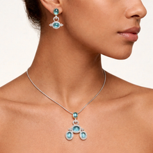 18K Yellow Gold | Natural Diamond & Swiss Blue Topaz Pendant & Earrings Set | Halo Statement Fine Jewelry - Pendant