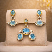 18K Yellow Gold | Natural Diamond & Swiss Blue Topaz Pendant & Earrings Set | Halo Statement Fine Jewelry - Pendant